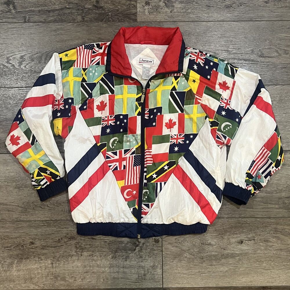 Vintage 90s Janeve Nylon Windbreaker Bomber Track Jacket International Flags Med